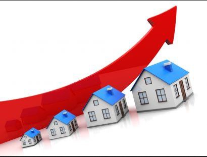 four homes with upwards curving arrow showing increased home sales