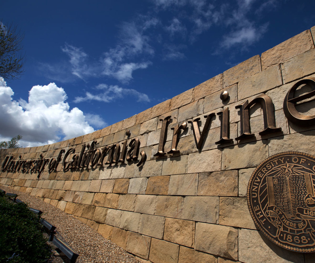 Brick wall with letters spelling University of California, Irvine